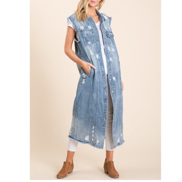 Plus Distressed Long Maxi Denim Vest Jean Jacket - Picture 7 of 7